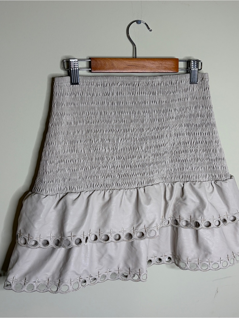 Faux Leather Smocked Tiered Mini Skirt Beige Medium